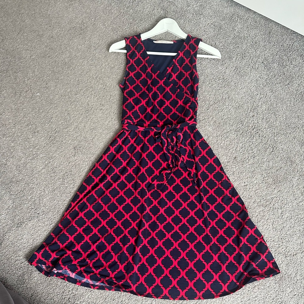Red and blue dress with tie